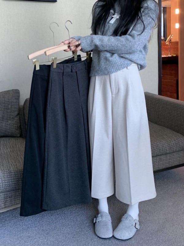 New fashionable high-waisted slimming and thickening loose retro straight-leg woolen cropped pants