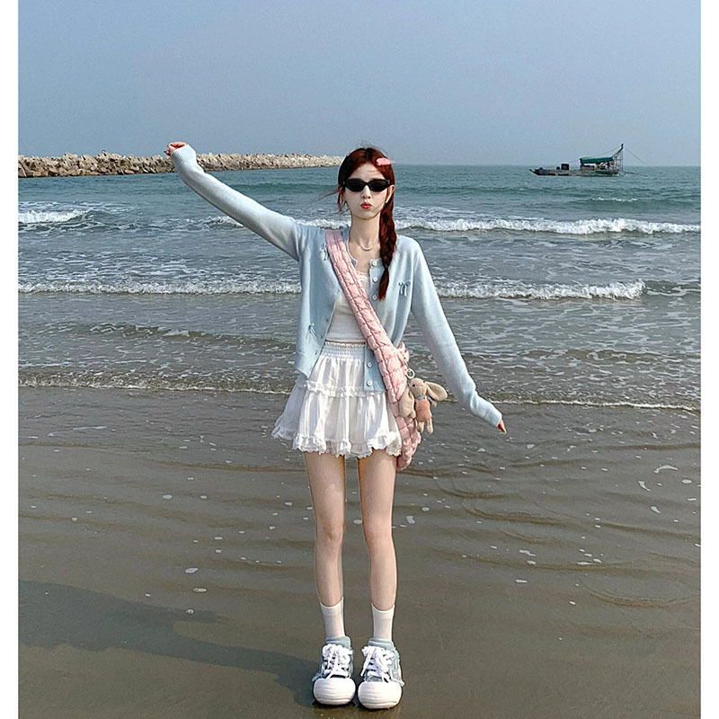 Ballet style knitted cardigan with bow blue sweater sweet girl Korean spring women's new style