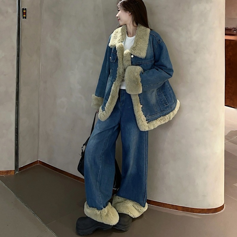 Autumn and winter design niche loose and high-end small fragrance style denim jacket and trousers two-piece suit