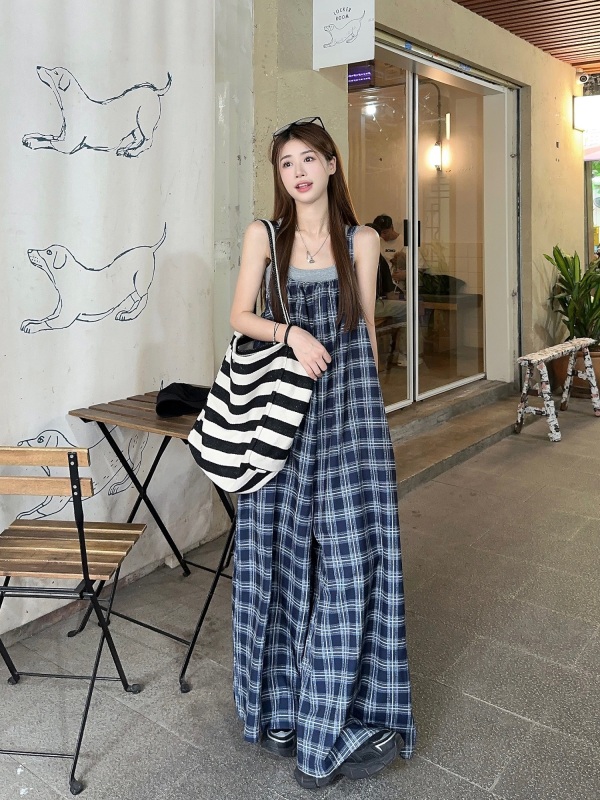 Korean plaid overalls, retro slimming, loose wide-leg trousers + gray backless suspenders for beautiful back