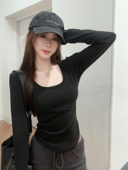 Self-heating brushed bottoming shirt for women 2024 T-shirt autumn and winter warm inner long-sleeved slim top