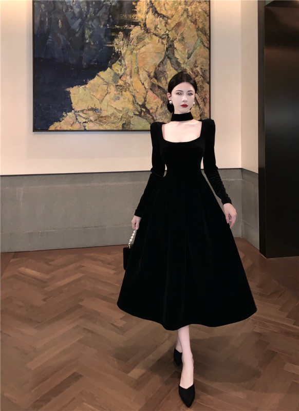 French Hepburn style waist slimming A-line skirt dress velvet dress for women