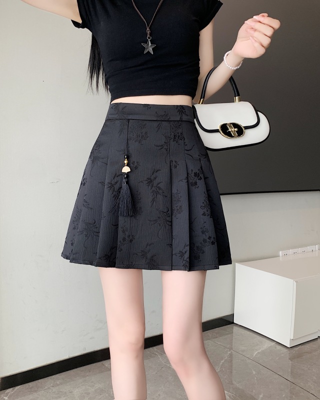 Actual shot, real price, spot, new Chinese style national style jacquard skirt, women's high waist slimming A-line pleated skirt boutique pendant
