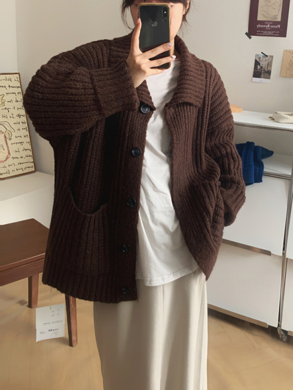 Lapel knitted cardigan women's autumn and winter new loose Maillard lazy sweater jacket design outer top