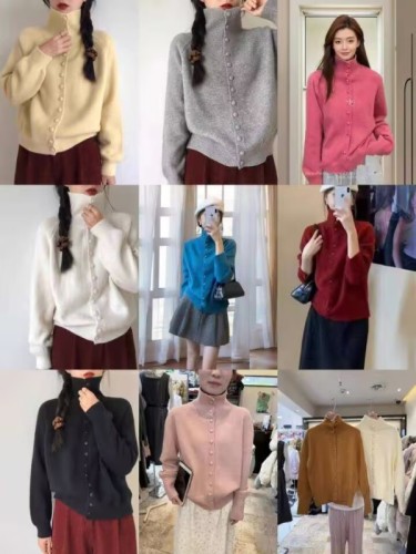Soft waxy turtleneck lapel sweater cardigan for women 2024 new autumn and winter loose lazy style sweater