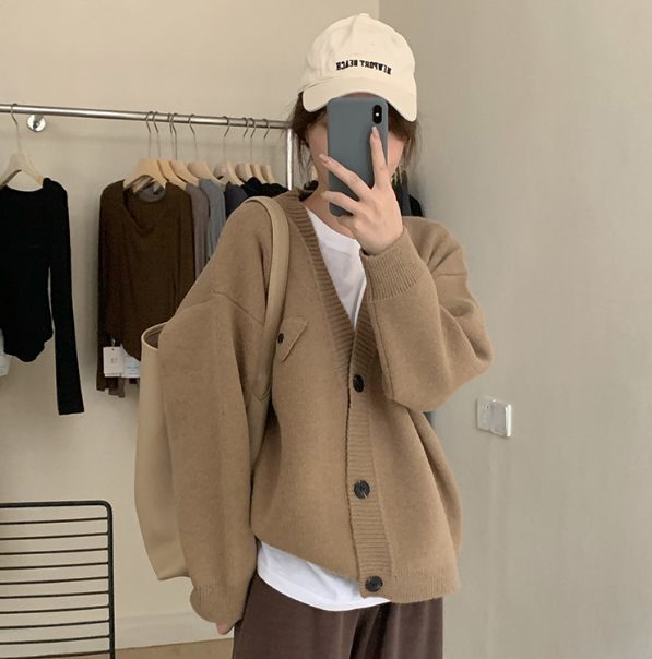 Triangular pocket sweater cardigan spring and autumn new women's fashion versatile long-sleeved coat winter knitted bottoming top