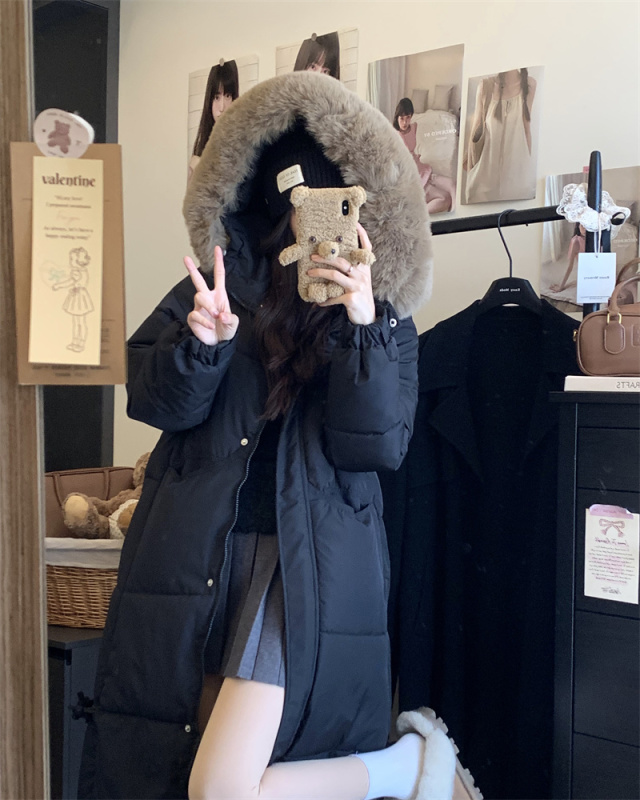 New large fur collar winter mid-length loose over-the-knee Chinese knot cotton jacket