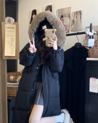 New large fur collar winter mid-length loose over-the-knee Chinese knot cotton jacket