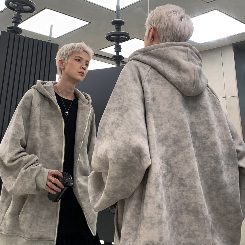 New Heavy Industry Retro Old Dirty Style Spring and Autumn Hooded Zipper Cardigan Sweatshirt