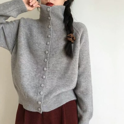 Soft waxy turtleneck lapel sweater cardigan for women 2024 new autumn and winter loose lazy style sweater
