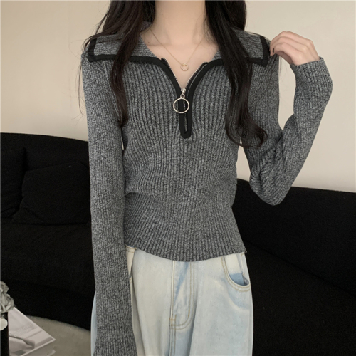 American lapel half-zip sweater for women autumn 2024 new outer wear high-end slim and chic long-sleeved sweater
