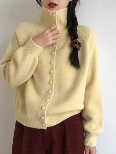 Soft waxy turtleneck lapel sweater cardigan for women 2024 new autumn and winter loose lazy style sweater