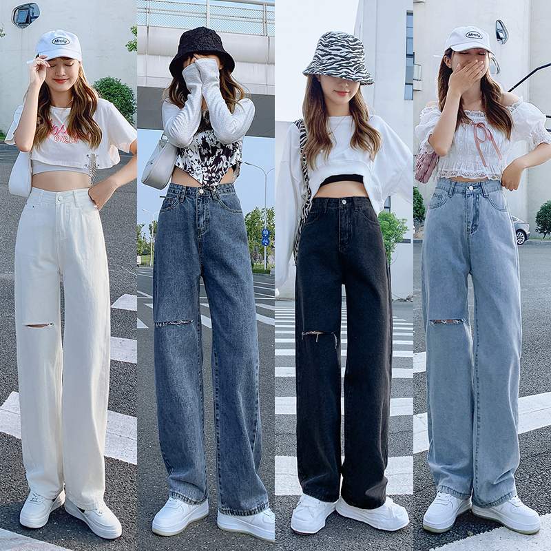 2022 new style jeans for women, straight-leg chic, Hong Kong style, loose, high-waisted, slim, Korean version, trendy and drapey, wide-legged