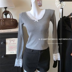 Autumn and winter lace padded bottoming shirt hot girl short top slim warm T-shirt