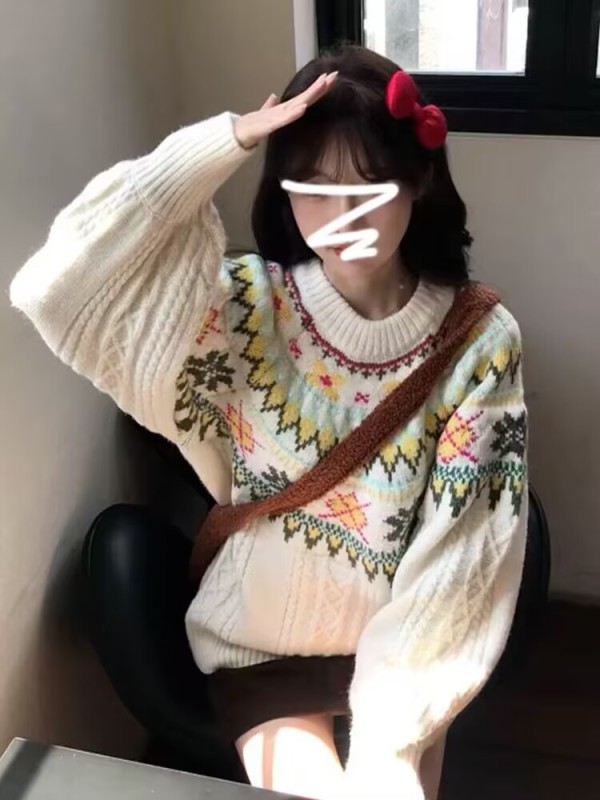 Winter women's clothing Fair Isle Korean style thickened pullover sweater for small people in autumn and winter lazy style super nice knitted top