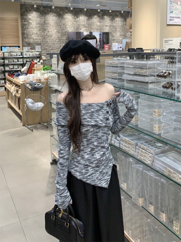 French one-shoulder slit off-shoulder irregular long-sleeved mid-length versatile leather skirt fashion suit