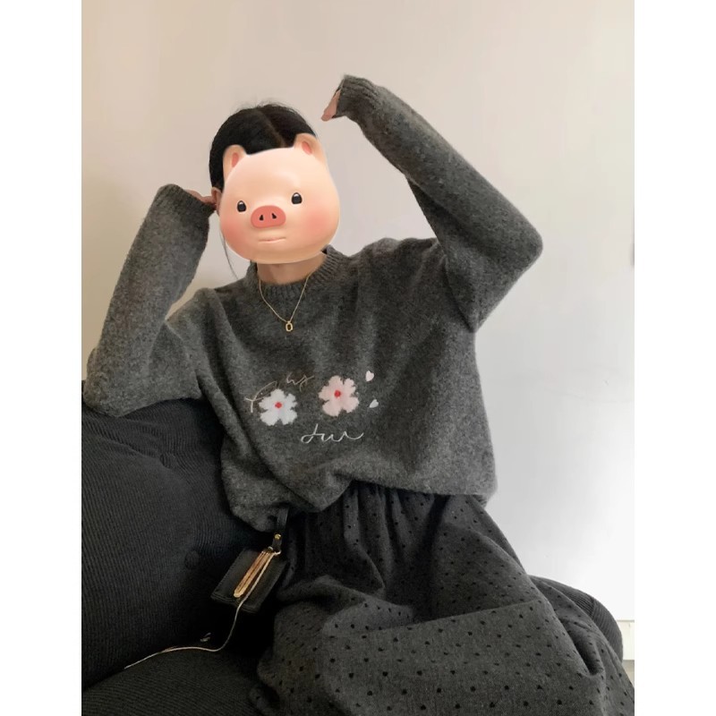 Gray round neck pullover floral sweater skirt 2024 autumn and winter thickened loose lazy style knitted suit
