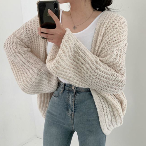 Korean chic autumn lazy style V-neck versatile loose casual solid color lantern sleeve knitted cardigan sweater jacket