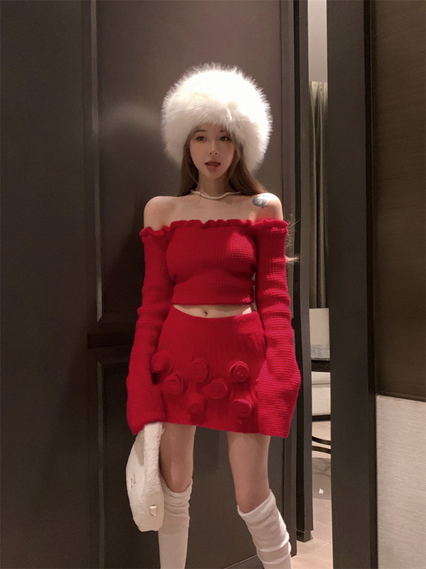 White and red rose three-dimensional flower one-neck sweater and skirt suit