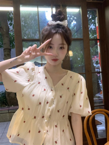 Designed niche shirts, age-reducing tops for women, summer French embroidered puff sleeves, short-sleeved gentle shirts