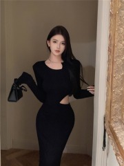 Black knitted dress autumn irregular slimming bottoming temperament design waist revealing skirt for women