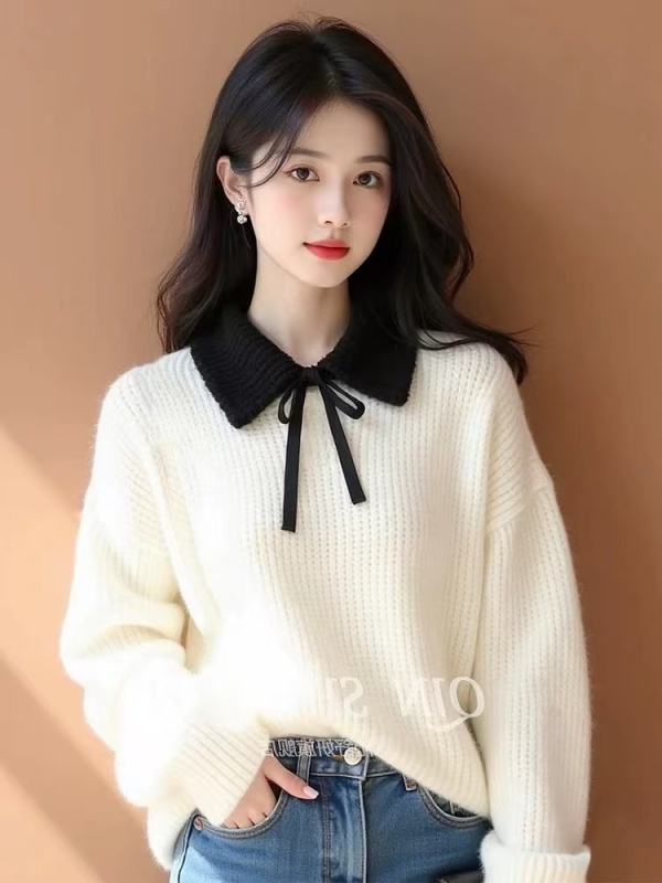 White Lapel Bow Sweater Women's 2024 New Lazy High-Quality Thick Thread Knitted Top