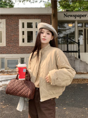 New Korean style stand collar rhombus plaid drawstring elastic short cotton coat for small people