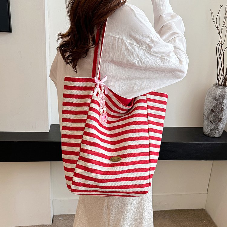 Striped canvas bag 2024 new Korean style ins tote casual bag single shoulder large capacity tote bag shopping bag