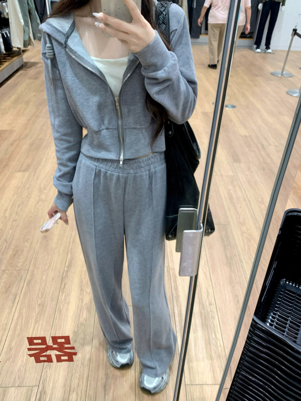 Lazy style casual sports suit for women, autumn and winter Korean style high-end hooded cardigan wide-leg pants