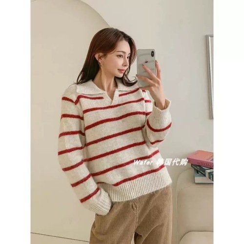 Korean style striped lapel raccoon velvet pullover sweater for women petite lazy style cashmere v-neck sweater 2024 winter