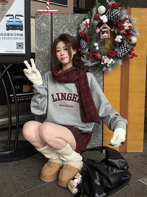 Lazy style loose letter round neck pullover sweatshirt + drawstring retro plaid A-line skirt two-piece set