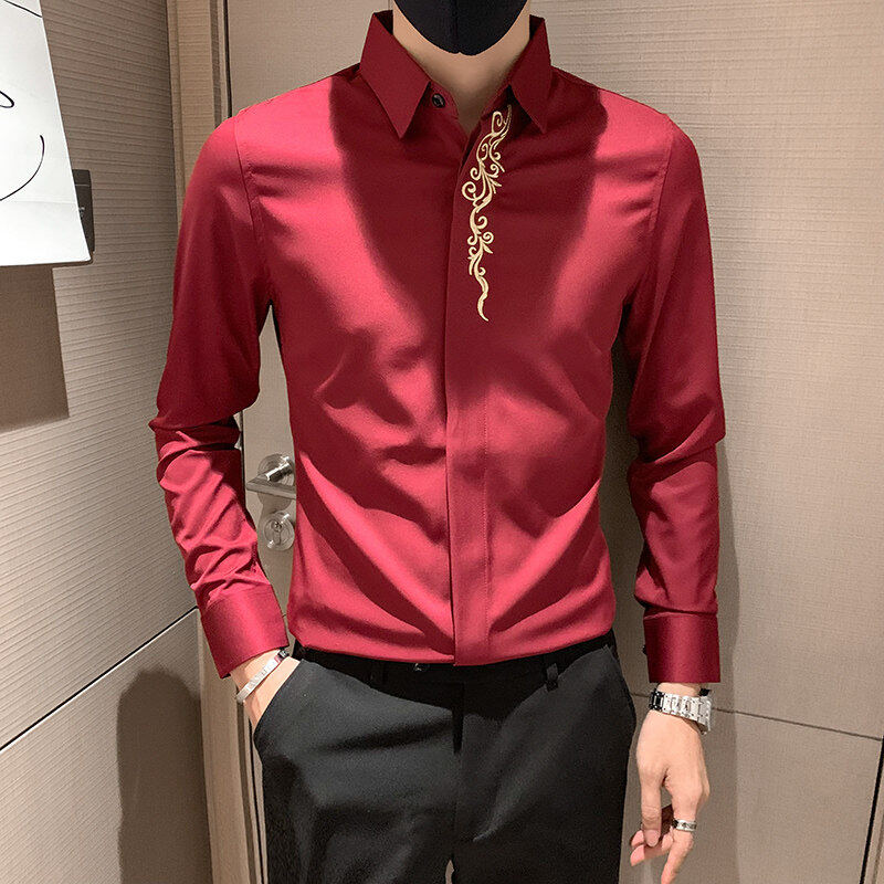 Spring new men's embroidered long-sleeved shirts social boy shirts
