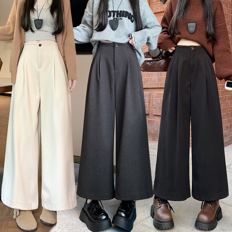Gray woolen wide-leg pants for women, high-waisted, loose and drapey casual pants, trendy straight-leg suit pants for small people