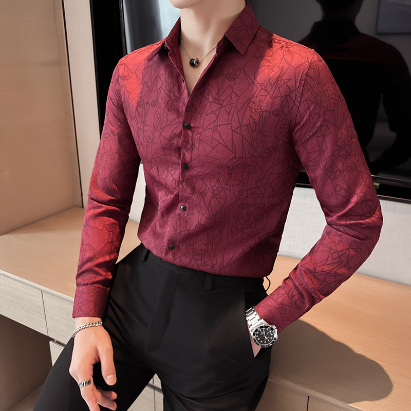 Autumn and winter men's high-end solid color jacquard long-sleeved shirt men's slim shirt