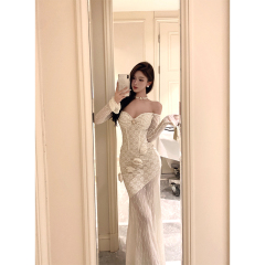 French lace dress women's new autumn and winter temperament long skirt hip-covering skirt long-sleeved skirt