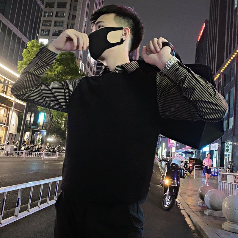 Winter social guy's new all-match fake two-piece shirt collar bottoming sweater for men with black heads