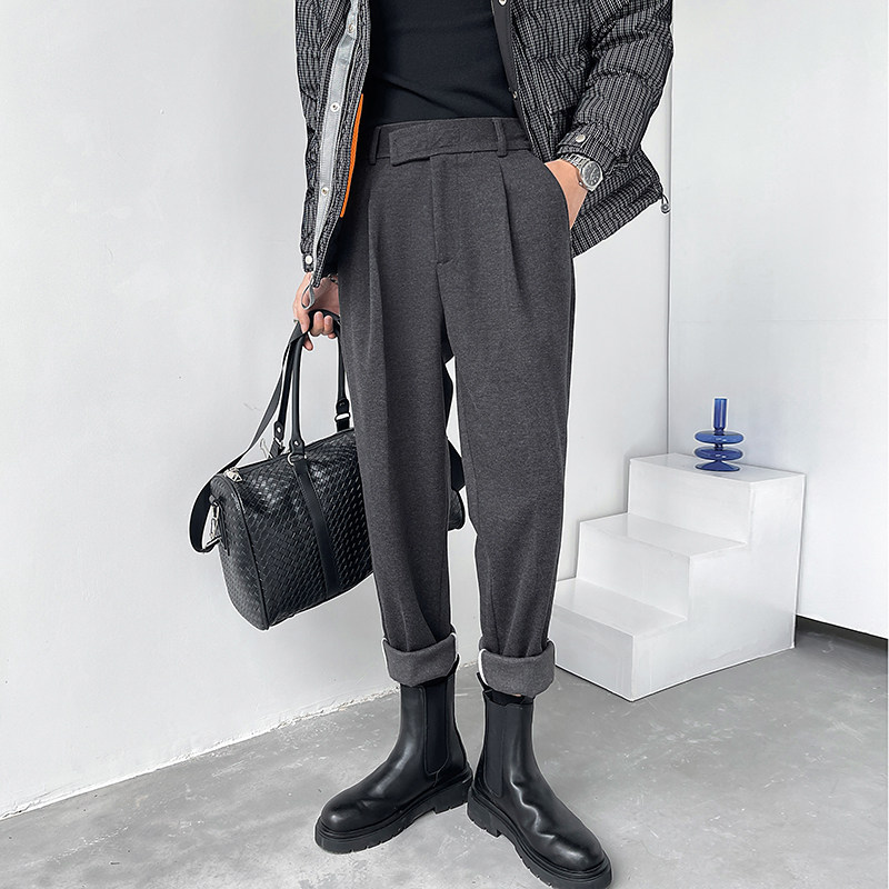 Autumn and winter light mature style woolen material Velcro lazy loose straight thickened casual pants