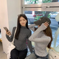 Milk silk color cloth composite silver fox velvet 340g striped long-sleeved skin-friendly brushed T-shirt slim slimming bottoming shirt