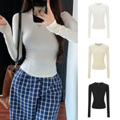 Niche design hot girl long-sleeved lazy versatile T-shirt women's slimming simple short top