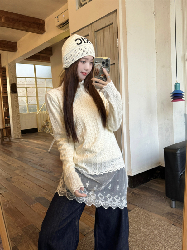 Half turtleneck white long-sleeved lace bottoming shirt with lace and velvet thickened autumn and winter thermal underwear for women