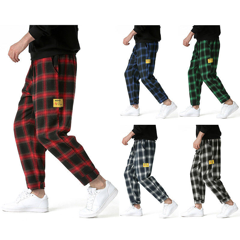 New Trendy Plaid Small Leg Pants Men's Velcro Casual Pants