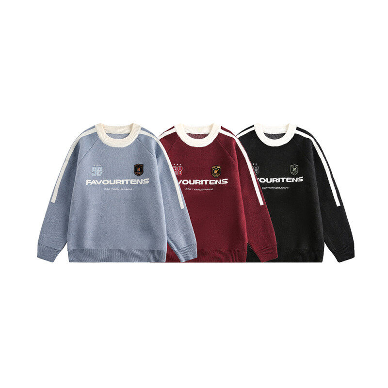 Winter 780g arctic velvet side stripe color block embroidered print sports style sweater