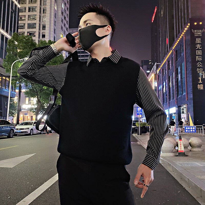 Winter social guy fake two-piece striped business casual sweater sweater for men with black heads