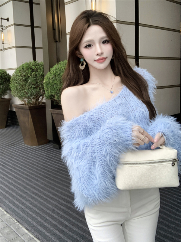 Lazy style pure desire versatile pullover soft waxy short sweater sweater off-the-shoulder outer top