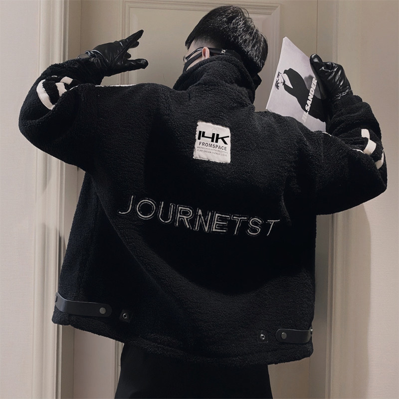 Winter patch high collar towel embroidered letters lamb wool cotton coat for men black head 2