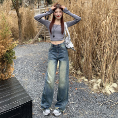 American retro niche design ripped textured blue loose washed wide-leg jeans