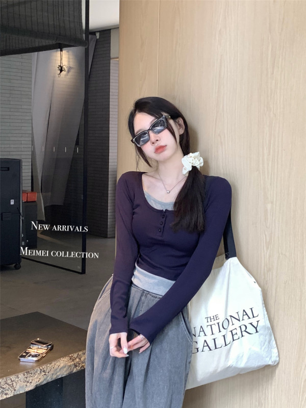 Hot girl fake two-piece with chest pads and contrasting color long-sleeved T-shirts for women in autumn and winter with base layer tops