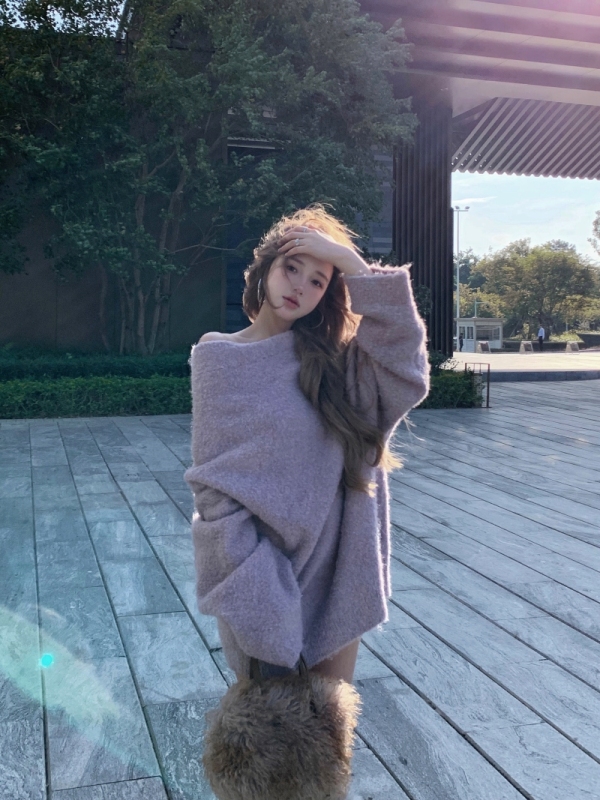 Lazy style soft waxy wool circle yarn one-shoulder sweater women's autumn loose loose off-shoulder top