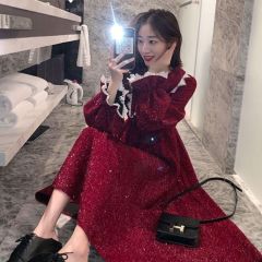 Long Red Scattered Navy Collar Dress 2024 New Korean Style Loose Waist Slimming Skirt for Women Over the Knee