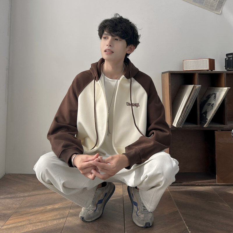 Live broadcast quality American style contrasting patchwork cardigan sweatshirt